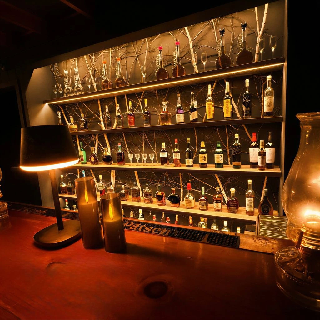 The tavern's illuminated back bar